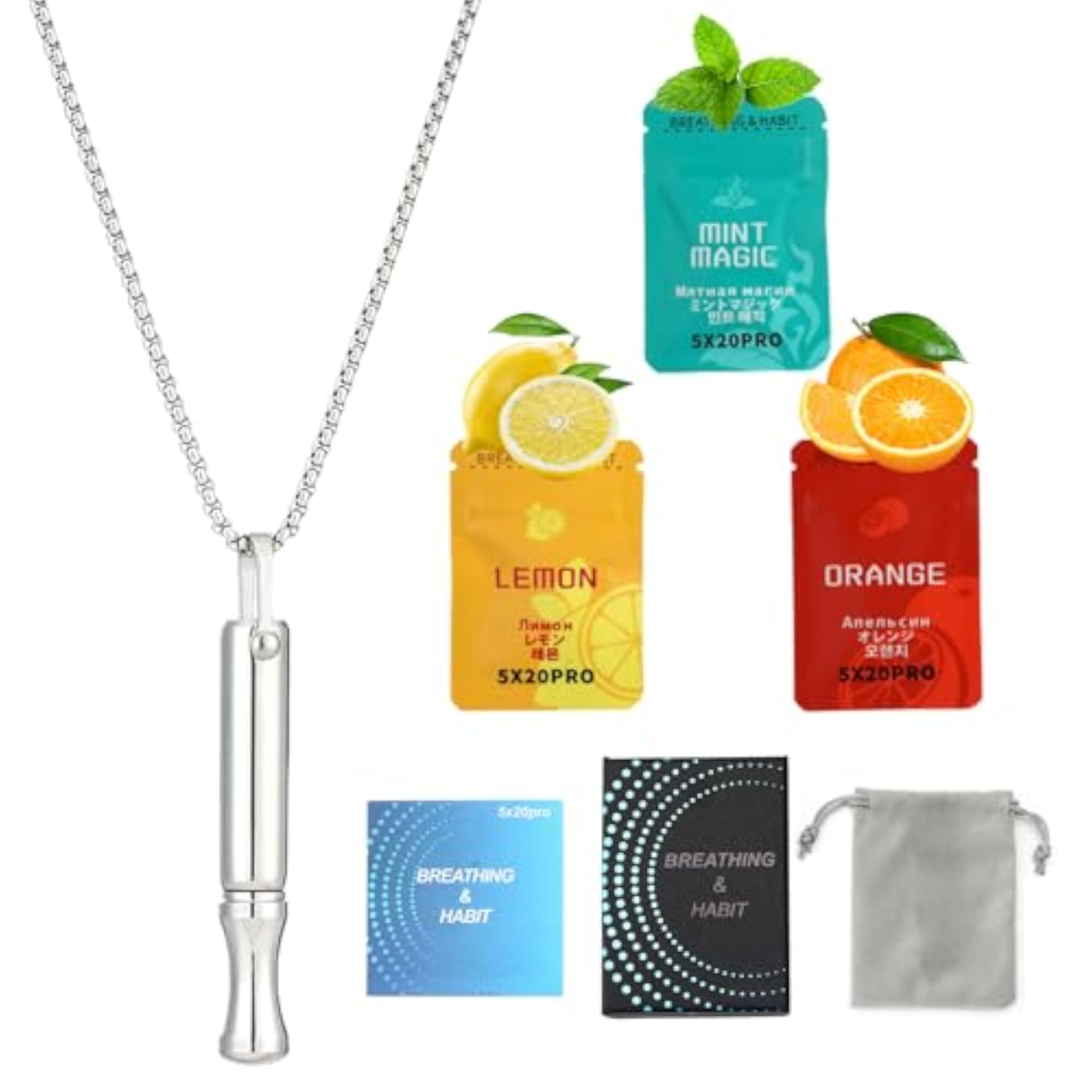Silver Anxiety Breathing Necklace Set with Aromatherapy Packs